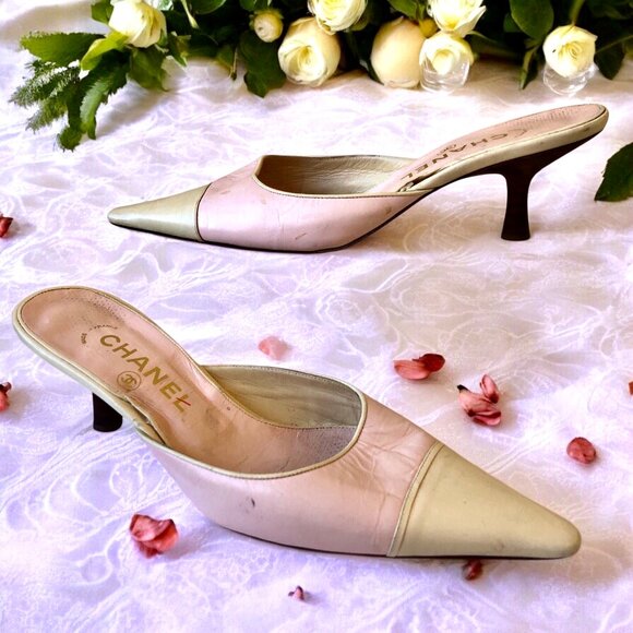 CHANEL Vintage Pump Kitten Heels Pink Cream Mule Snip Toe Womens 37 7 ALTERED - Picture 2 of 16